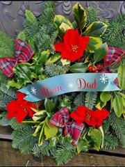 Christmas holly wreath with personalised ribbon 